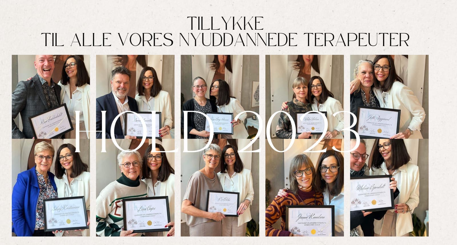 Collage: tillykke til alle vores nyuddannede terapeuter, hold 2023